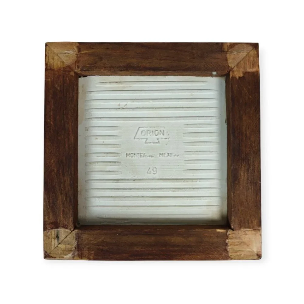 Vintage Orion Trivet Monterey Mexico Ceramic Tile Blue White Carved Wood Framed